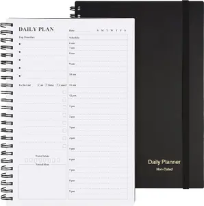 Daily Planner Undated, To Do List Notebook Hourly Schedules Spiral Appointment Planner for Men and Women,PVC Hardcover,Elastic Closure, Inner Pocket 8.3" x 5.8" (Black)