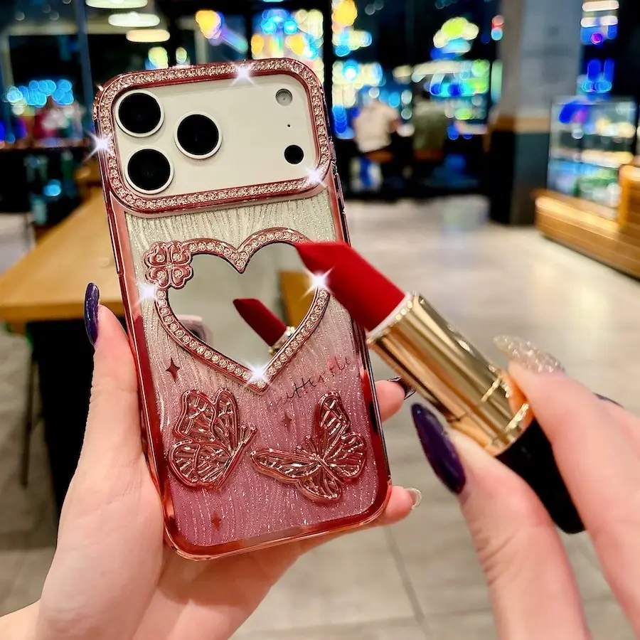Butterfly Case For iPhone 17 Pro Max 17 Air Gradient Glitter Love Heart Make-up Mirror Diamond Shockproof Cover
