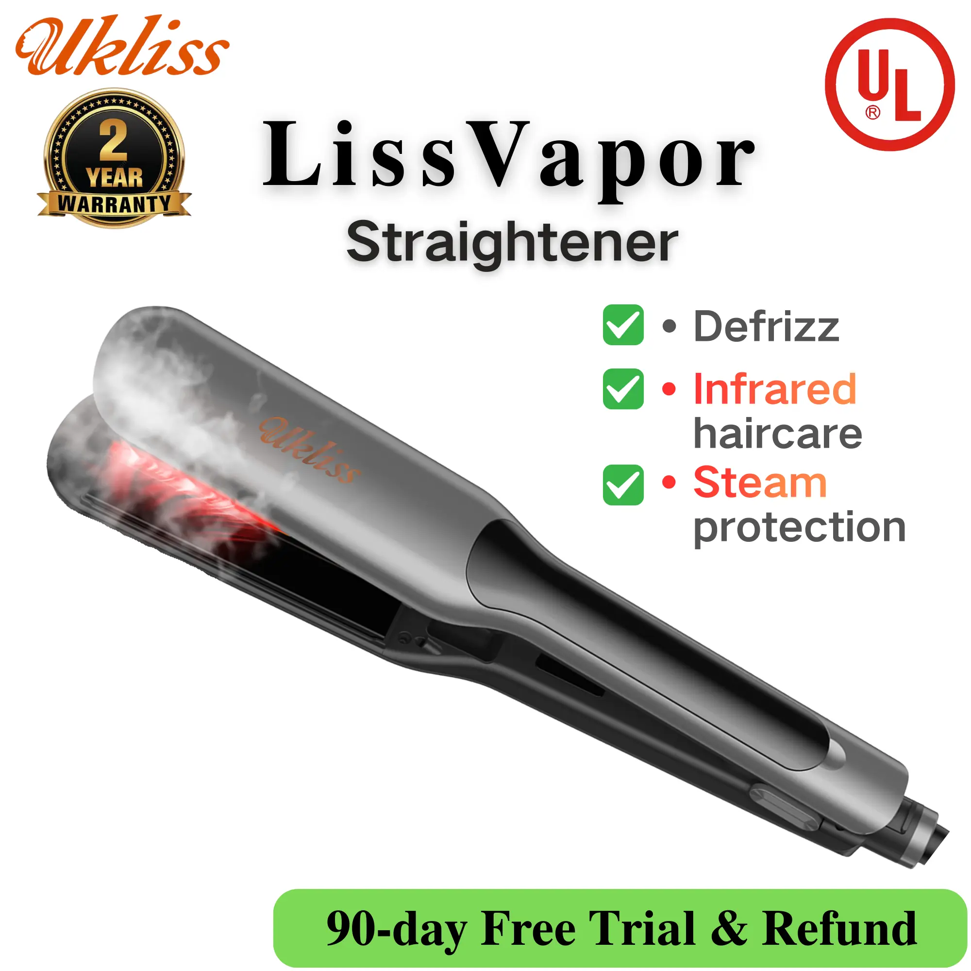 UKLISS LissVapor Unisex Hair Styling Tool - Steam & Infrared Protection, Straightening & Curling Functions, Defrizzes & Smooths Hair