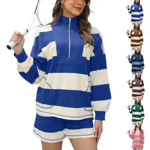 JovenPara Women's Lounge Set 2 Piece Striped Long Sleeve Quarter Zip & Short Sleeve T Shirt and Shorts for Summer & Autumn Casual Workout Tracksuit