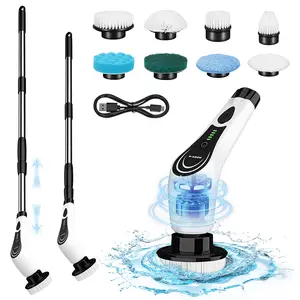 Multifunctional Cordless Cleaning Brush with 8 Replacement Heads Fast Charge Extension Handle for Bathroom Shower Tub Toilet Floor Household Cleaning Supplies