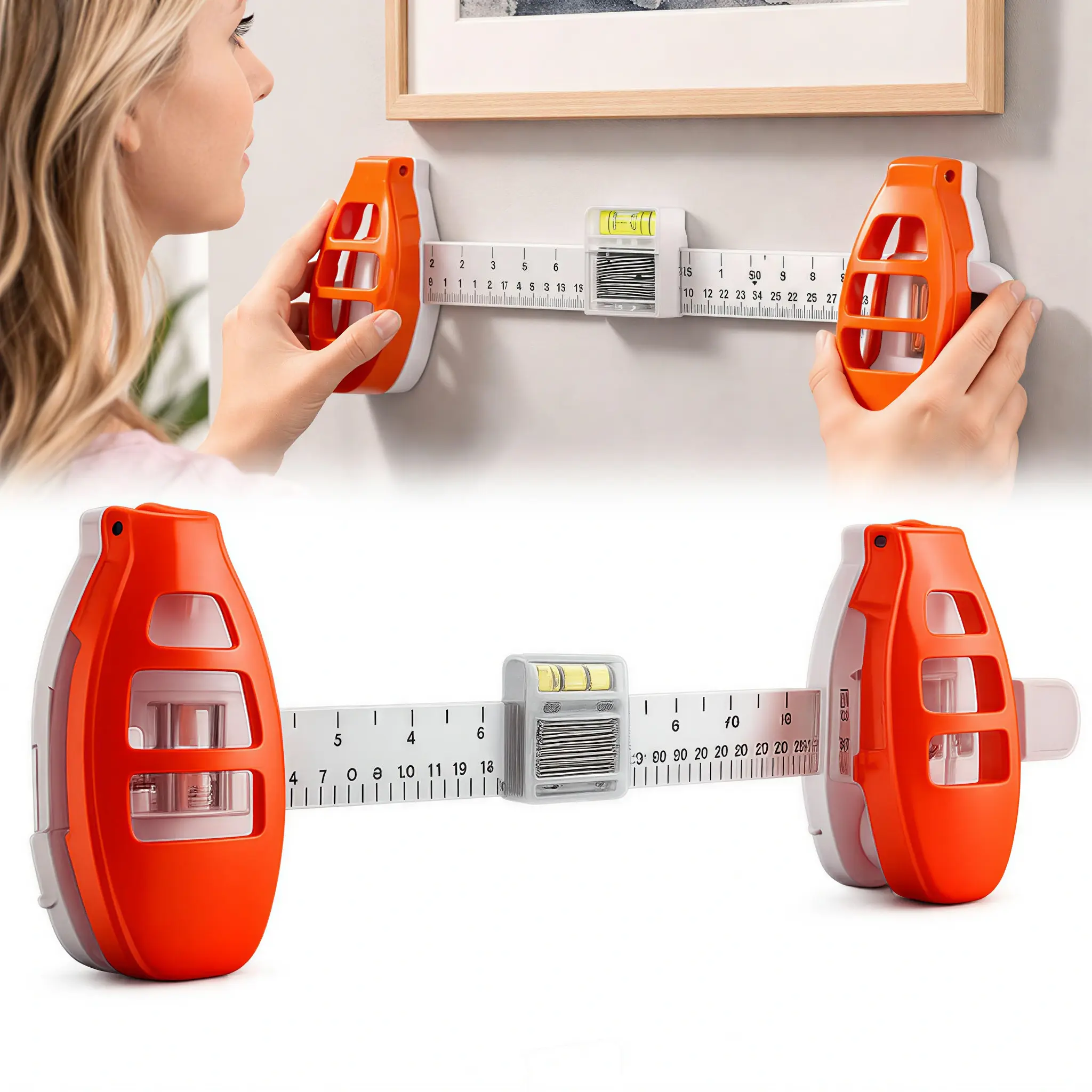 3-in-1 Adjustable Wall Hanging Helper - Lightweight ABS Tool with Built-in Level Ruler, Magnetic Renter-Friendly No-Hammer Mount, Tiny Nail Holes, Compact Handheld Pack for Frames/Mirrors, Home Supplies Gift (20 Brad Nails)
