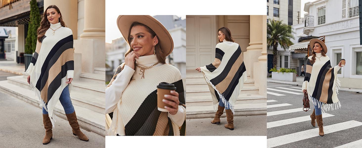 IN'VOLAND Women's Knitted Shawl Poncho with Fringed Capelet V-Neck Striped Sweater Pullover Cape Strapless