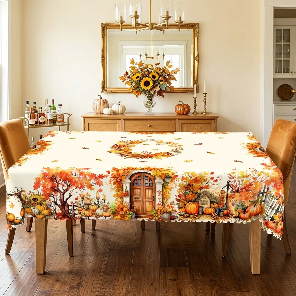 Fall Thanksgiving Tablecloth, Vintage Autumn House Pumpkin Maple Leaf Printed Table Cloth, Rectangular & Round Harvest Table Cover for Holiday Party Kitchen Dining Table Decor, Indoor Outdoor Use