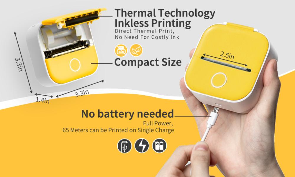 Bluetooth Thermal Mini Printer - Portable Mini Sticker Printer Machine - Wireless Pocket Mini Printer for iPhone,  Yellow Mini Thermal Printer with 5 Rolls Thermal Paper for Journal, Memo, Photo