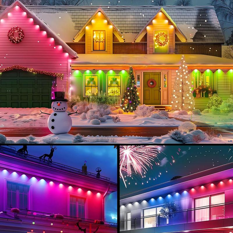 56/105ft Smart Permanent Outdoor Eave Lights with High Brightness Convex Mirror Beads & 63 Lighting Modes IP67 Waterproof RGBIC Ambient String Lights Controlled by APP and Remote Works with Google Home & Alexa