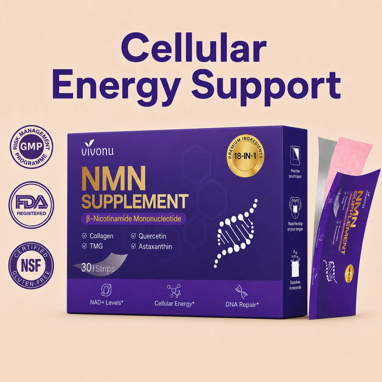 VivoNu NMN Oral Dissolving Strips, NAD+ Supplement with Resveratrol, TMG, Quercetin, CoQ10, PQQ & Astaxanthin, Supports Cellular Energy, Healthy Aging, Antioxidant Support & Daily Wellness, 18-in-1 Formula,travel essentials