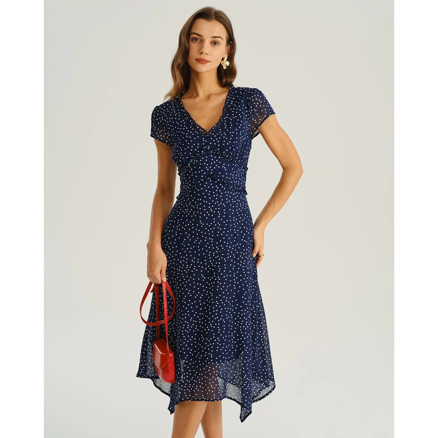 RIHOAS Women's Elegant Polka Dot A-Line Midi Dress in Flowy Chiffon with V-Neck and Cap Sleeves for Wedding Guest, Party, Wedding Guest Dresses, Lady, Evening, Polka Dot Dress