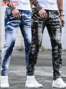 2 Pack Men's Personality Classic Washed White Slim Jeans fashionable long pant
