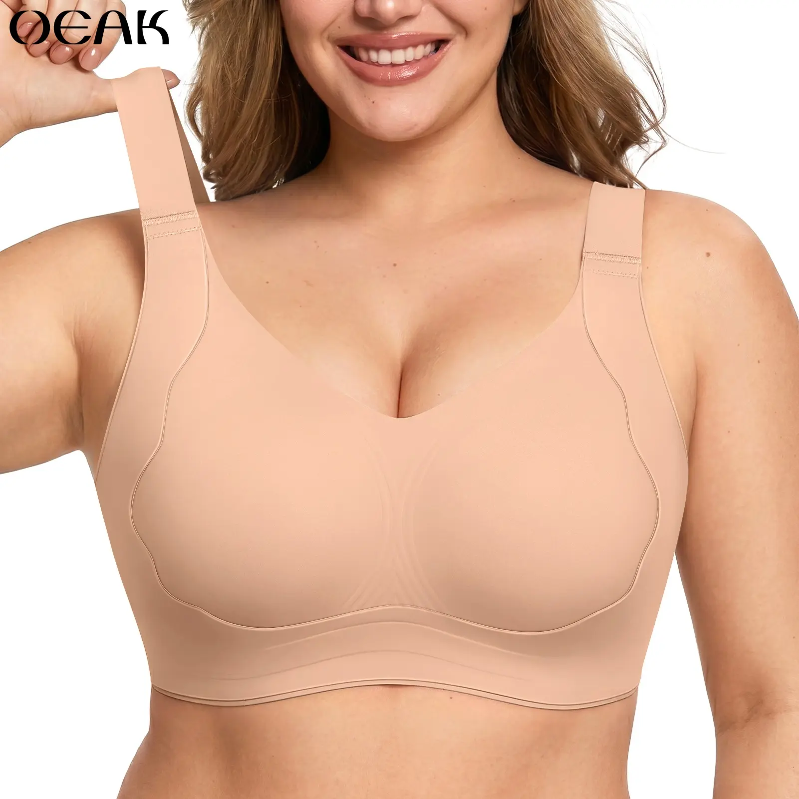 OEAK Plus Size V Neck Seamless Bra with Wide Straps Wireless Lifting Full Coverage Comfortable Tshirt Bra for Large Bust