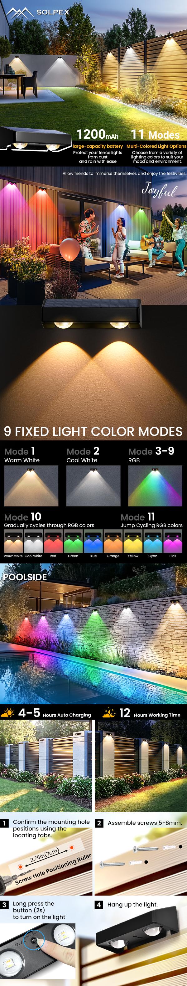 SOLPEX Solar Fence Lights Outdoor, 8 Fixed Colors ＆ Color Changing Fence Solar Lights Outdoor Waterproof IP65, LED Solar Deck Lighting for Backyard Wall Step Patio Railing Pool Porch luces con