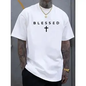 Men'S Casual Crew Neck T-Shirt with Cross & "BLESSED" Letter Print, 100% cotton Knit Fabric, Regular Fit Short Sleeve Tee for Summer, Comfortable & Versatile Weekend Casual Wear, Everyday Tshirt |         Sleek Black Tee |         Lightweight Fabric