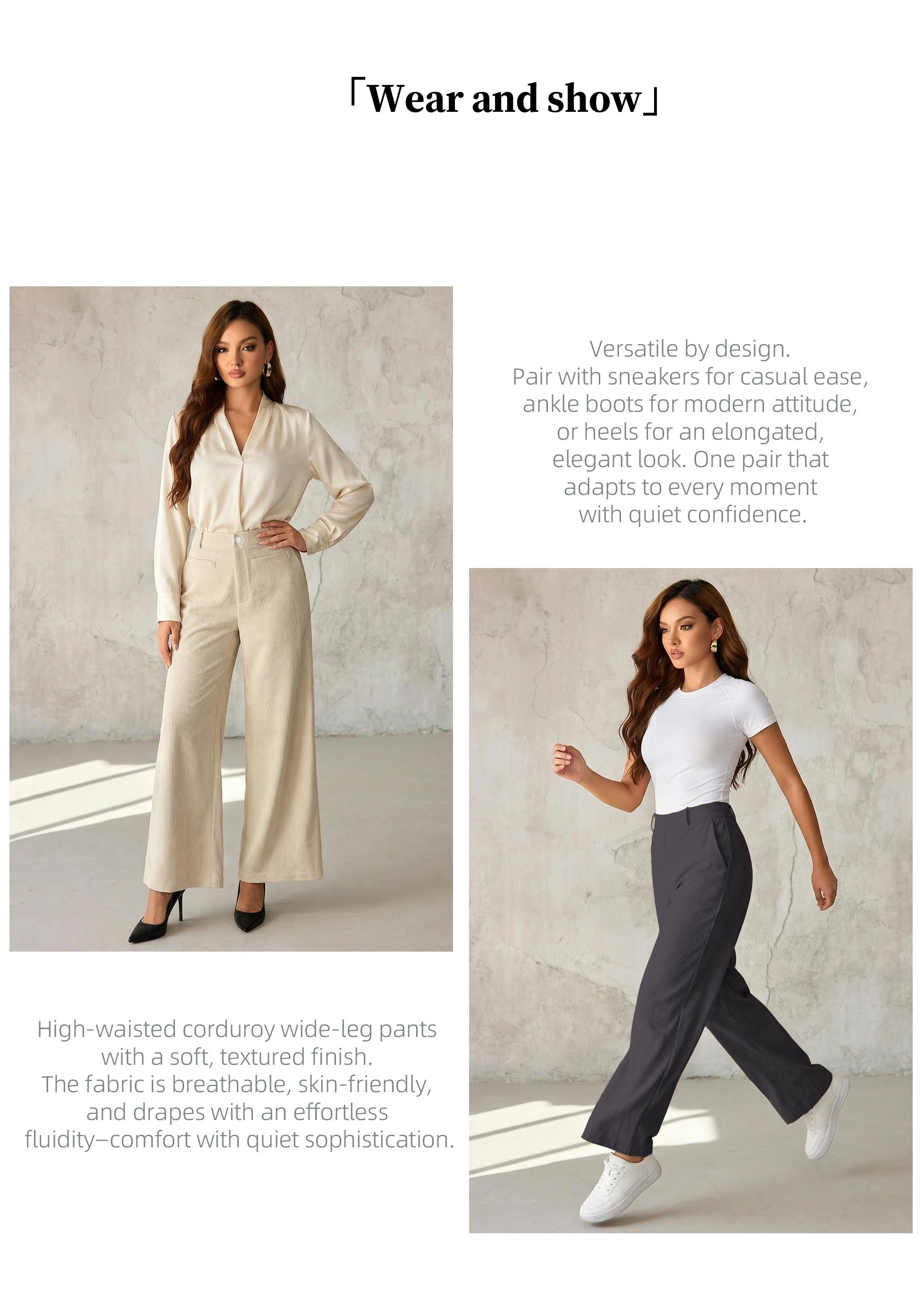 Chicovar Women's Lightweight Corduroy Pants, High-Waisted, Wide-Leg Pants, Casual Trousers with Side Pockets & All-Season Comfort