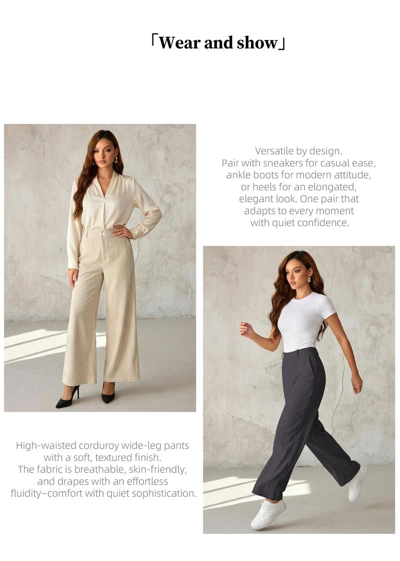 Chicovar Women's Lightweight Corduroy Pants, High-Waisted, Wide-Leg Pants, Casual Trousers with Side Pockets & All-Season Comfort