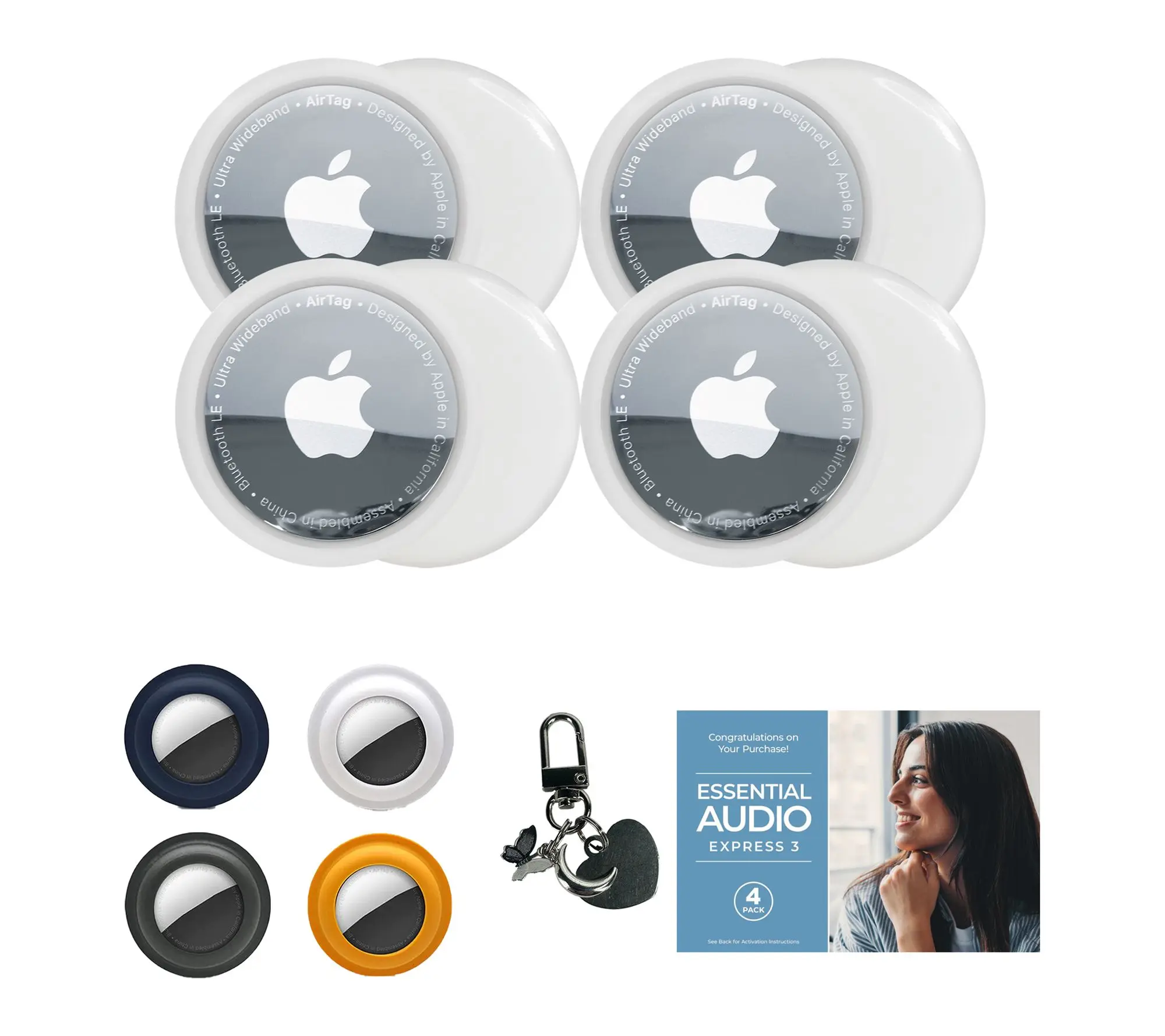 Apple AirTags 4 pk with Silicon e Holder and 2 Piece Silver Ch arms