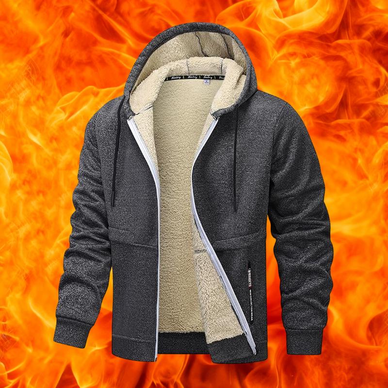 Men's Casual Zipper Wool Lined Hoodie - 100% Polyester Solid Color Long Sleeve Jacket, Lightly Stretchable Fabric, Suitable for Spring, Autumn, Hiking & Outdoor Activities, Regular Fit Hooded Sports Shirt, Men’s Warm Coat, Day Fleece Menswear  Beige Black