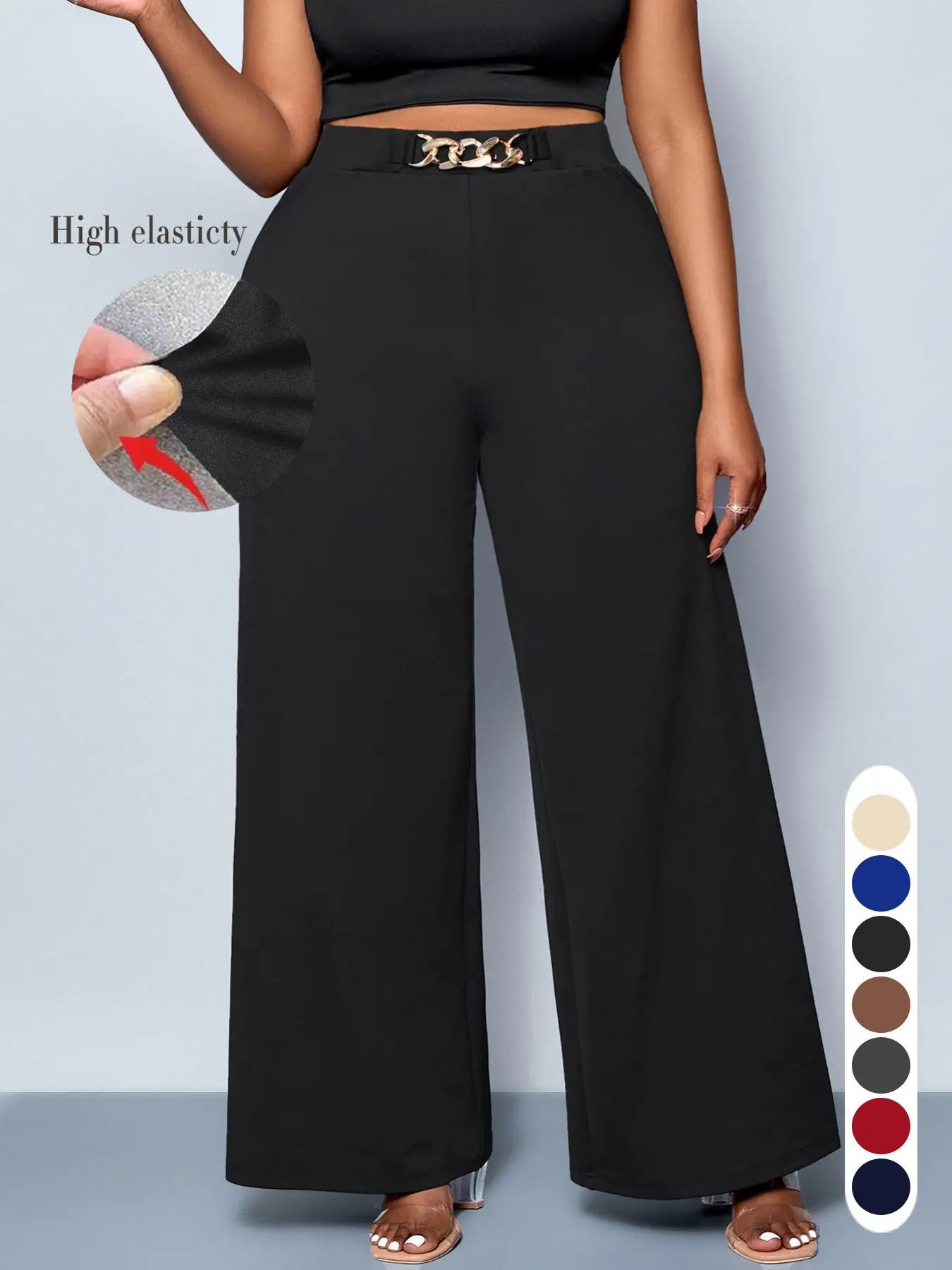 Women's Plus Size Casual Plain Wide Leg High Waist Elastic Pants, Long Fitted Kint Fabric, All Season Comfortable Clothing for Daily Wear & Travel, Casual Comfy Trousers