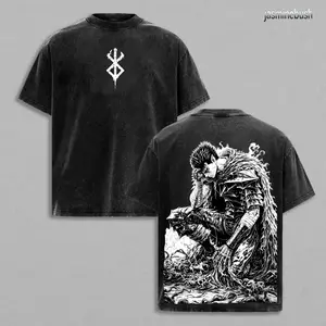 Black Knight Guts Berserk Retro Vintage Unisex Oversize Anime Manga Washed Heavyweight Cotton T-shirt, Gift For Anime Fan, Anime Lover