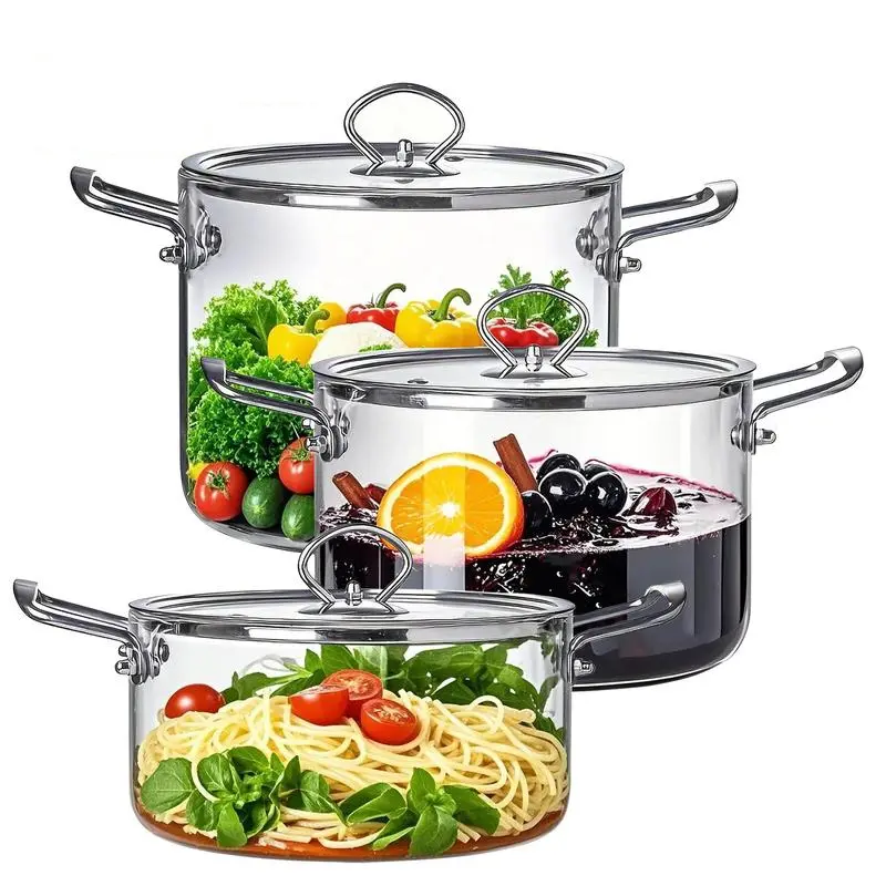 Large Capacity Glass Pot with Lid,1 Count Stainless Steel Handle Cookware,Clear Glass Pasta Pot, Glass Simmer Pot, Ramen Pot, Stew Pot, Soup Pot, Cooking Pot for Home Kitchen, Kitchen Pots, Transparent