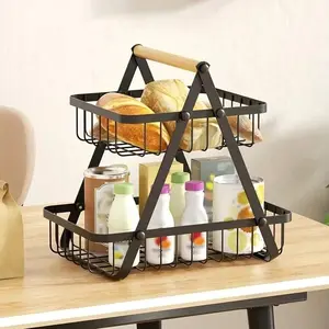 1pc Multifunctional Fruit And Vegetable Basket With Detachable Wooden Handle For Kitchen Organization And Storage, 2  Layers Of Fruit Baskets, Perfect For Kitchen Countertops, Kitchen Fruit Baskets, Kitchen Tools, Holiday Gifts