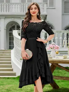 Miusol 33006 Women's Off Shoulder Elegant Floral Ruffle Half Sleeve Lace Contrast Chiffon Party Dress