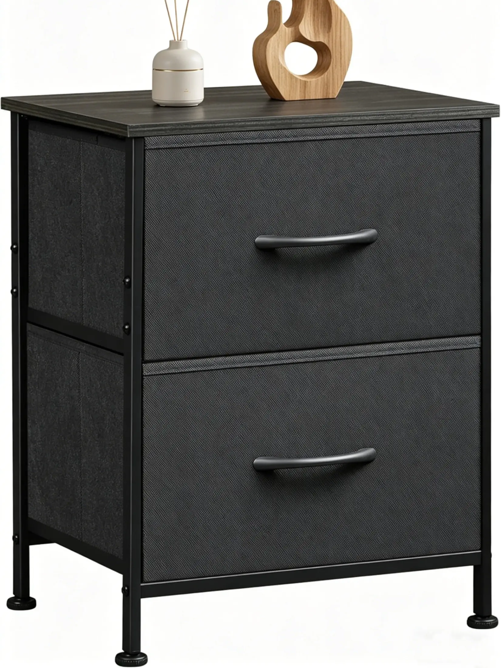Modern Black Nightstand - 2-Drawer Bedroom Furniture with Wooden Top, Removable Fabric Storage Bins, Compact Apartment End Table for Home, College Dorm Decor, House Decor Storage Organizer, Bedside Cabinet