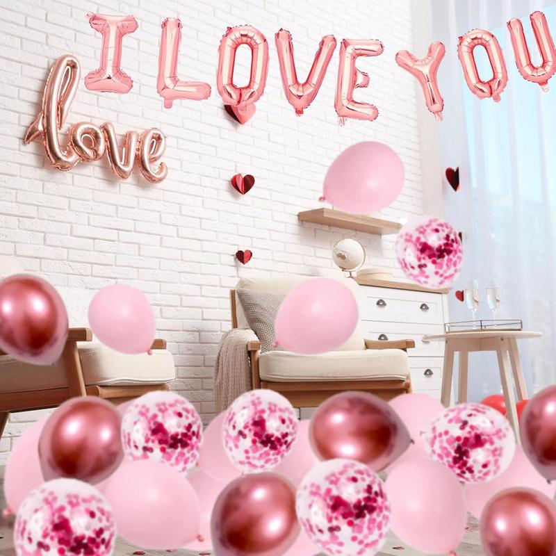 Valentines Day Decorations, I Love You Balloons with Red Silk Rose Petals Flower Romantic Decorations, Rose Gold Pink Heart Balloons Kit for Anniversary Mothers Day Wedding Valentine’s Day Decorations