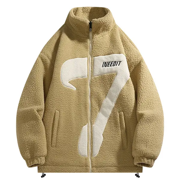 Men's '7' Graphic Faux Shearling Jacket - Soft Relaxed Fit Streetwear Coat for Casual Layering, Menswear, Coats, Long Sleeve, Streetwear Look, Plain, Fashion, Bold '7' Print