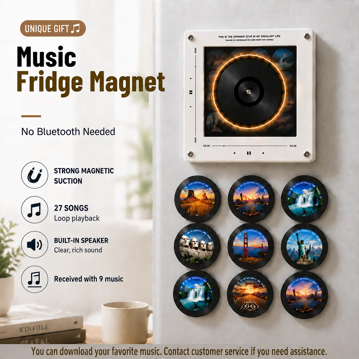 3D Metal Music Fridge Magnet - Durable Vinyl Records Themed Decor, 1-Second Song Swap, Light-Up Play, Anti-Drop, Sound Feature Collectible, Decorative Home & Cabinet Accessory, Gift for Friends & Family