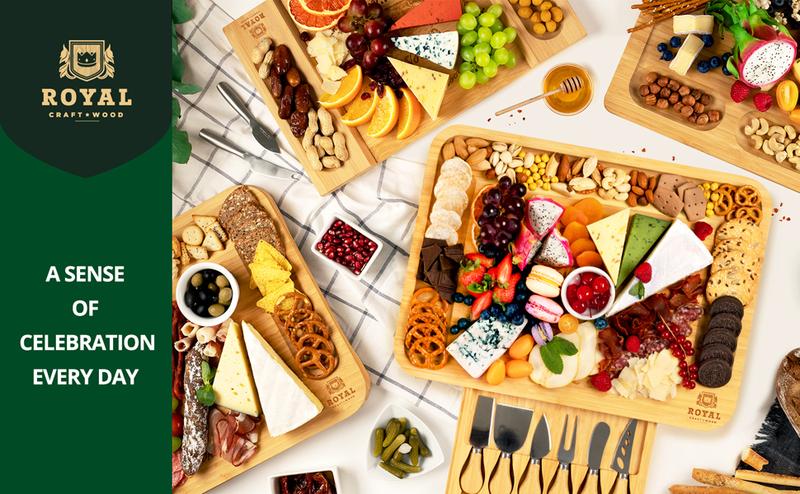 Royal Craft Wood Charcuterie Board – Bamboo Cheese Board & Wooden Serving Platter with Cutlery Set, Charcuterie Tray for Entertaining & Tableware (17.5”x13”) Royal Craft Wood Charcuterie Board – Bamboo Cheese Board & Wooden Serving Platter with Cutlery Set, Charcuterie Tray for Entertaining & Tableware (17.5”x13”)