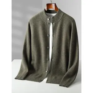 Men's Thick Sweater 100% Merino Wool Knitwear Cardigan Cashmere Buttons Coat Autumn Winter Mock Neck Pockets Casual Clothing Top