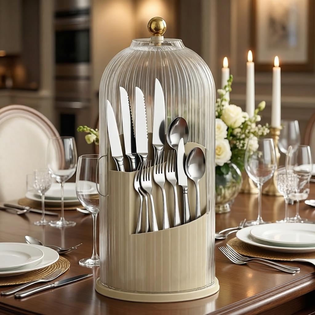 Utensil Holder with Lid 360 Rotating Clear Dustproof Cutlery Organizer for Kitchen Countertop Modern Tableware Storage Elegant Design