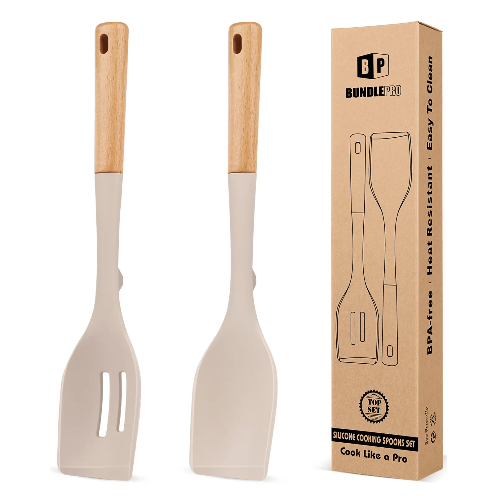 Pack of 2 Large Silicone Cooking Spoons, Heat Resistant Non Stick Kitchen Utensils with Wooden Handle, Ideal for Mixing, Stirring, Serving, Cooking