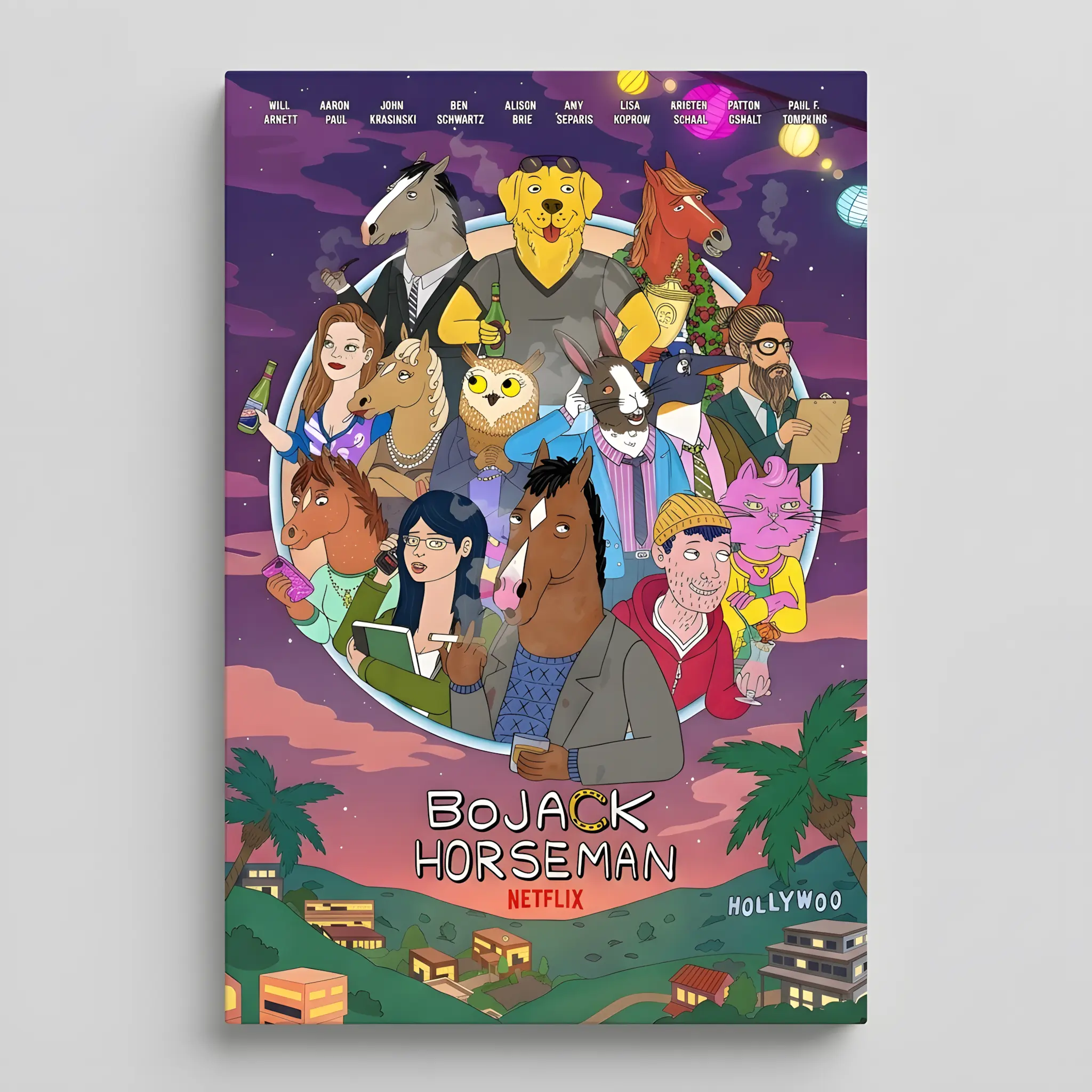BoJack Horseman Poster Cast Ensemble Hollywoo Sunset Canvas Wall Art Full Characters Vertical Framed Print Multi-Purpose Wall Decor for Bedroom Living Room Dorm Office Gift Idea Cartoon Artwork Home Decor