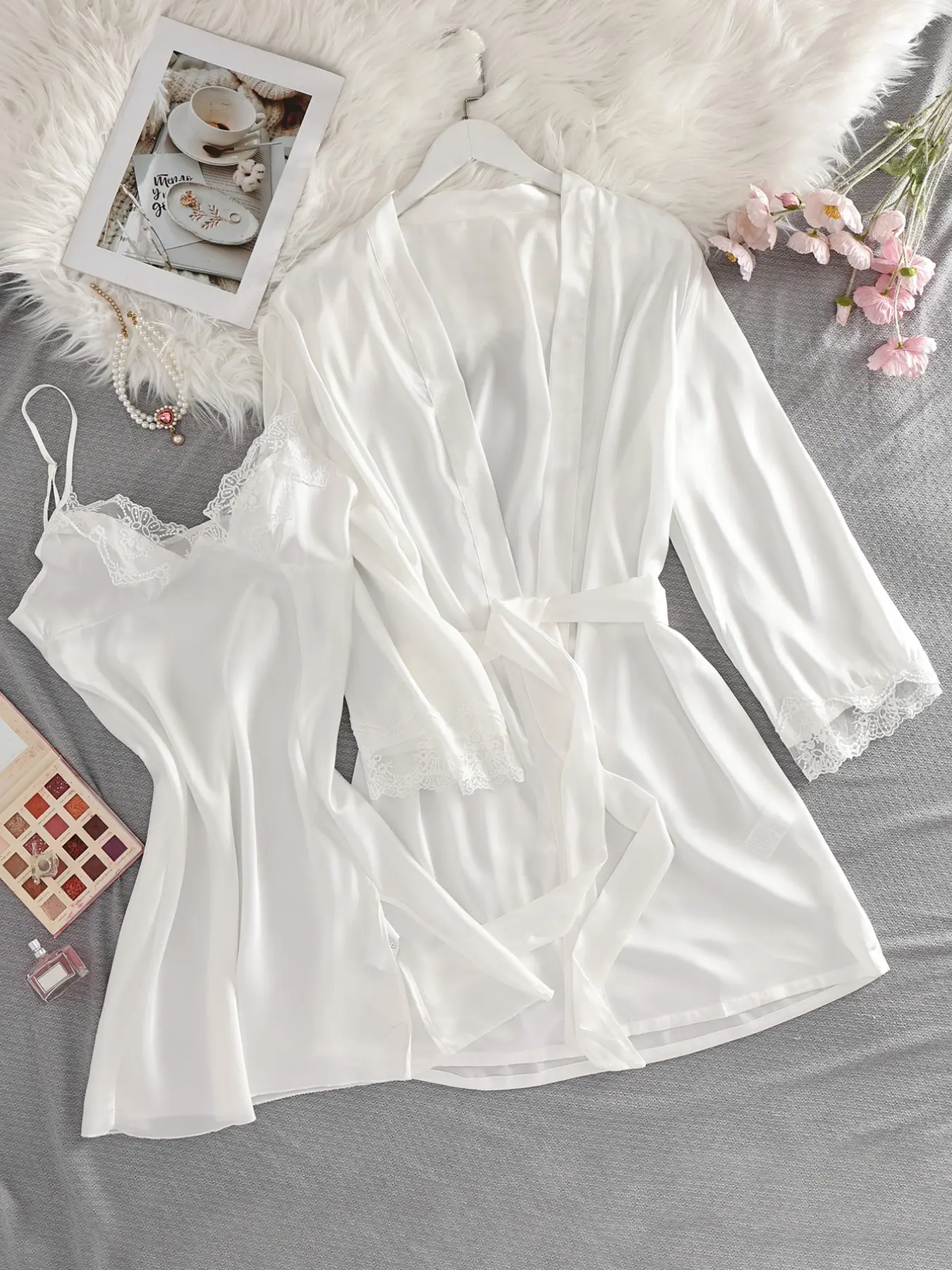 Valentine's Day Gift Set, Elegant Chic Lace Sleepwear, Stylish Sleepwear, Women's Short Fitted Dress with Thin Straps, Long Sleeve Robe with Bow Waist Belt, Loungewear, Womenswear, Lady