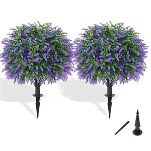 2-Pack Artificial Lavender Boxwood Topiary Ball with Ground Spike, 22 Inch UV Resistant Faux Plants for Outdoor & Indoor Decor, Garden, Patio, Porch, Yard
