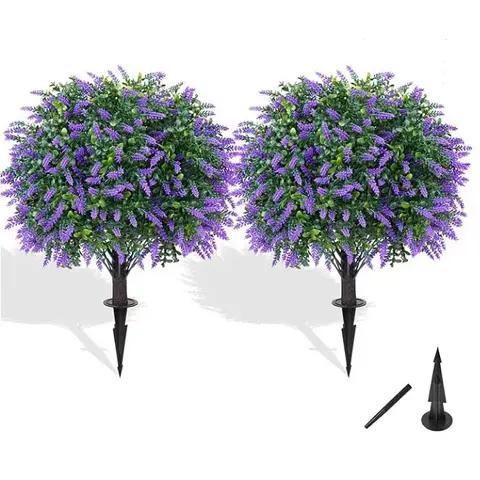 2-Pack Artificial Lavender Boxwood Topiary Ball with Ground Spike, 22 Inch UV Resistant Faux Plants for Outdoor & Indoor Decor, Garden, Patio, Porch, Yard