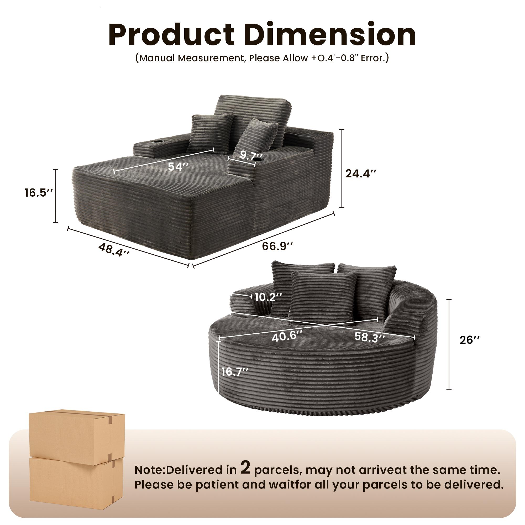 HOOOWOOO 59"W Oversized Round Sofa Bed - Modern & Boneless O-Shape Chaise Lounge, Lazy Bean Bag Chair, Deep Seat Couch with 3 Pillows, Plush Corduroy Fabric Chaise Lounge, No Assembly Required HOOOWOOO 59"W Oversized Round Sofa Bed - Modern & Boneless O-Shape Chaise Lounge, Lazy Bean Bag Chair, Deep Seat Couch with 3 Pillows, Plush Corduroy Fabric Chaise Lounge, No Assembly Required