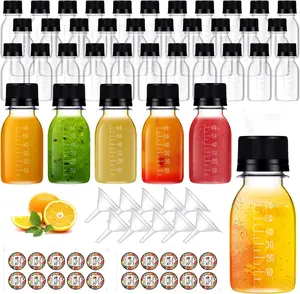 Pack of 100 - 2 oz Plastic Juice Shot Bottles with Caps, Clear Ginger Shots Bottles with Lids, Mini Jar for Liquids with Scale and Labels Portable Mini Containers for Ginger Juice Milk (Black Caps)