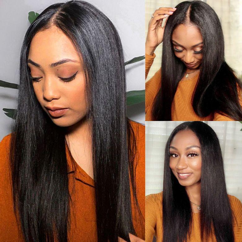 UNice Upgrade Blend Natural V Part Glueless Yaki/Kinky Straight Wig wih Drawstring Beginner Friendly Natural Black for Women SpringStatements