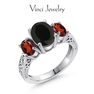 925 Sterling Silver 2.73 Cttw Black Onyx and Red Garnet 3 Stone Ring For Women, S925 Sterling Silver Artificial Gemstone Jewelry, Vintage Synthetic Obsidian Ring Wedding Engagement Anniversary Promise Ring For Women,