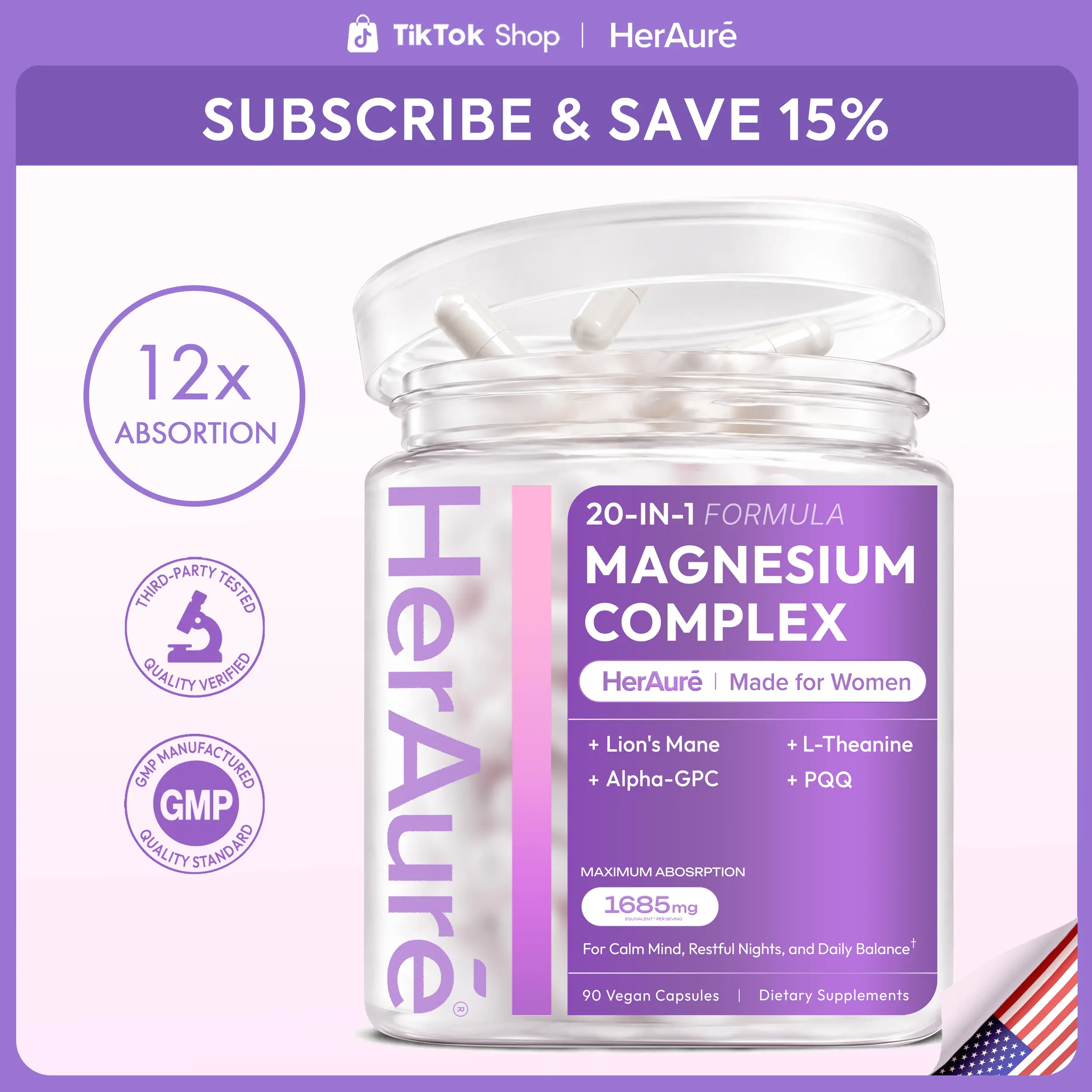 HerAuré 20-in-1 Magnesium Complex 1685mg - Brain Fog Relief, Reduce Overthinking & Calm Mind, Stress Relief & Sleep Comfort, Digestion, Muscle & Energy Support, 12 Forms of Magnesium, B6, Zinc & Slippery Elm, beach essentials, #backtoschool，G