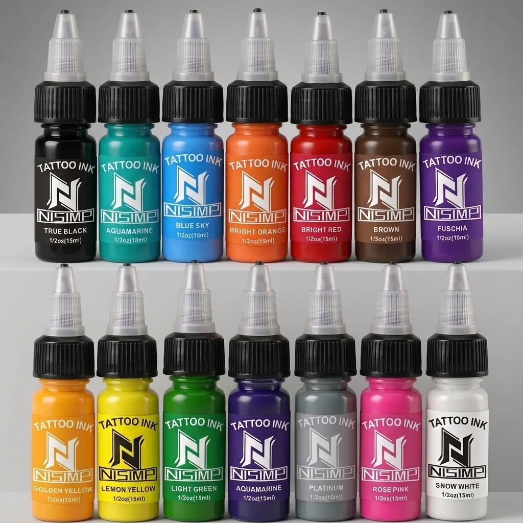 Professional Tattoo Ink Set 14 Colors 0.5OZ (15ml)Vegan-Friendly Pigment Tattoo Ink Supplies Ink, Smooth Application for Professional &Beginner Tattoo Artists, Safe Plant-BasedIngredients, Quick Coloring & Fade Nisimp Makeup Eyeliner Gentle