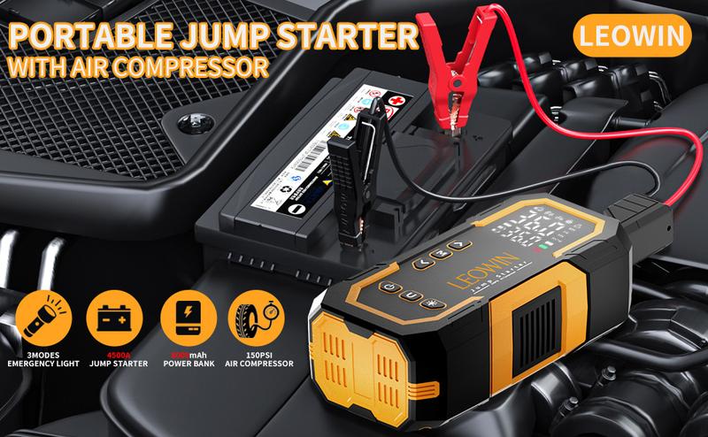 Jump Starter with Air Compressor, Battery Jumper Starter Portable(9.0 Gas/6.5L Diesel) with Tire Inflator, 12V Car Battery Jump Starter with Smart Jumper Cables, LED Light, LCD Display, Car Accessories Tools