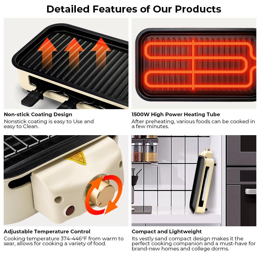 Pukomc ProGrill 2-in-1 Electric Grill | Reversible Grill/Griddle Plate, 1500W Dual-Zone Temp Control, Detachable & Dishwasher Safe, Stainless Steel + Oil Drip Tray