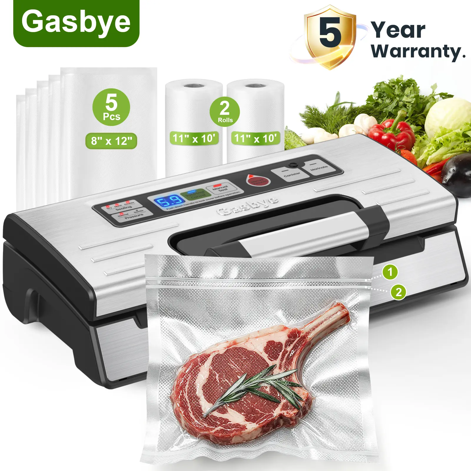 [5 Year Warranty]Gasbye Vacuum Sealer For Dry/Moist Food,Double Heat Seal, Easy-Lock Handle, Built-In Bag & Cutter, Progress Display, Pulse Mode,2 Roll Bag & 5 Pre-Cut Bags,Kitchen Storage Fresh Keeper