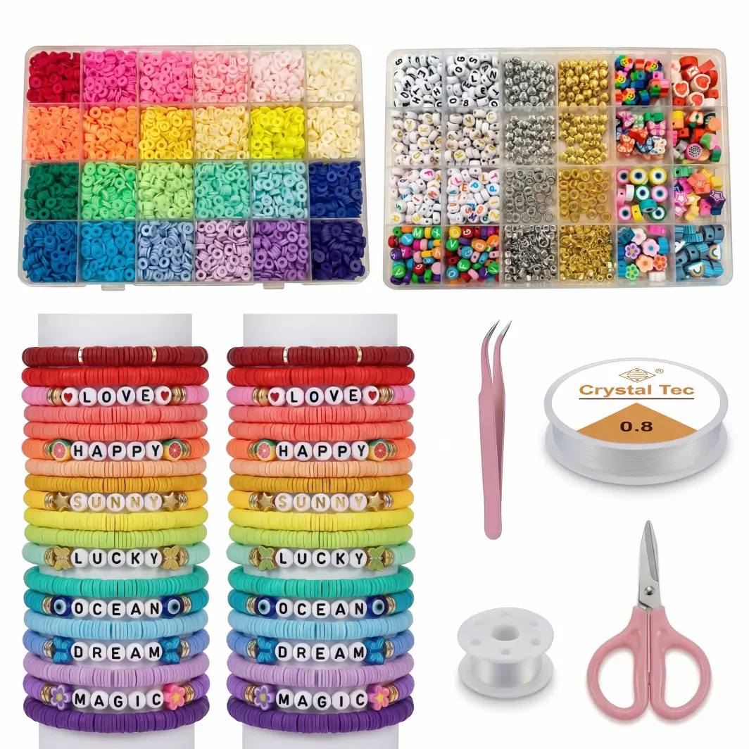 2 Boxes 5600+ Pcs Polymer Clay Beads Kit, DIY Friendship Bracelet Making Set with Unique Accessories, Elastic String & Scissors Included, Perfect for Handmade Crafts & Gifts