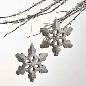 Galvanized Metal & Silver Glitter Snowflake Christmas Tree Ornament Winter Decor  - Set of 2