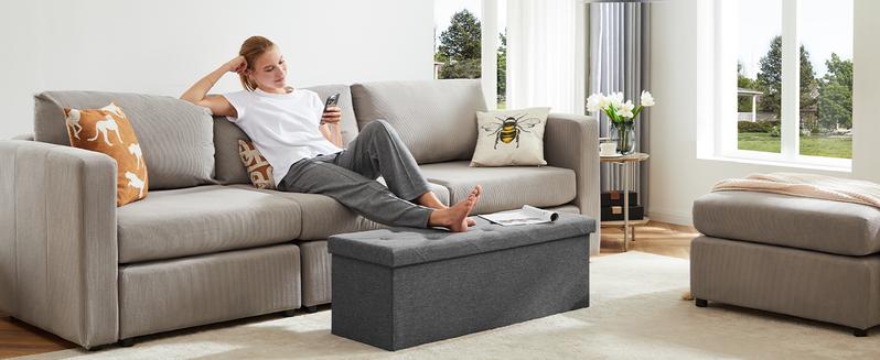 Folding Storage Ottoman Bench, Foot Rest Stool with Padded Seat, Large Toy Box Storage Chest with Seatin, Holds up to 660 lb-Grey