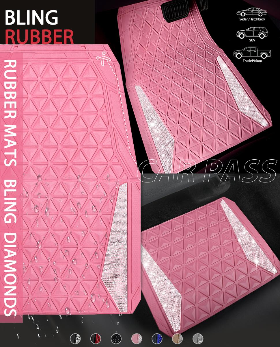 CAR PASS Bling Diamond Rhombus Rubber Leather Car Floor Mats, All-Weather for Car Full Set Durable Anti-Slip, Waterproof Trim Universal Fit,Sedan,SUV,Truck Vehicle Automotive